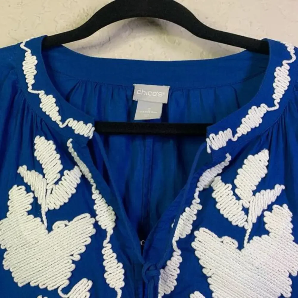 CHICO'S Blouse Embroidered Three-Quarter Sleeve Tassel Tie Neck Peasant Boho Top - Picture 3 of 11